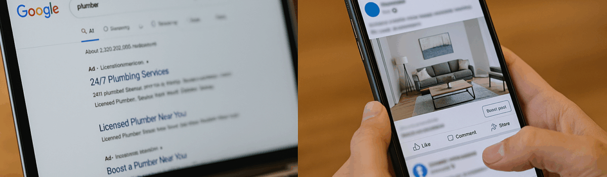 Laptop showing Google Ads vs phone Facebook ad