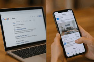 Laptop showing Google Ads vs phone Facebook ad