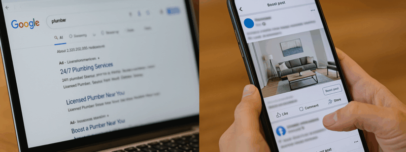 Laptop showing Google Ads vs phone Facebook ad