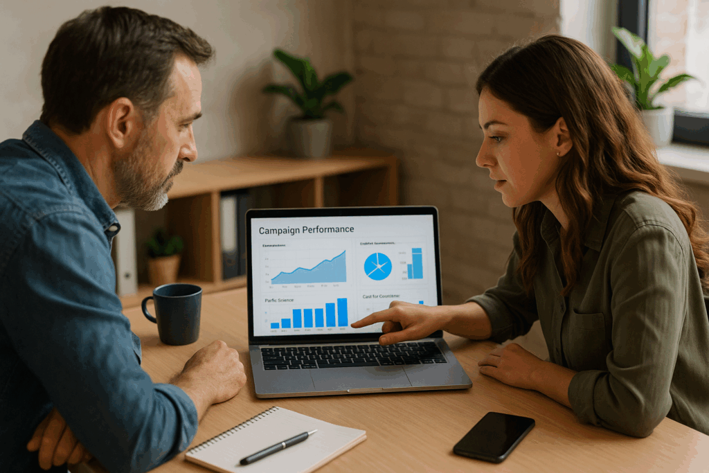 Small business owners reviewing ad campaign results