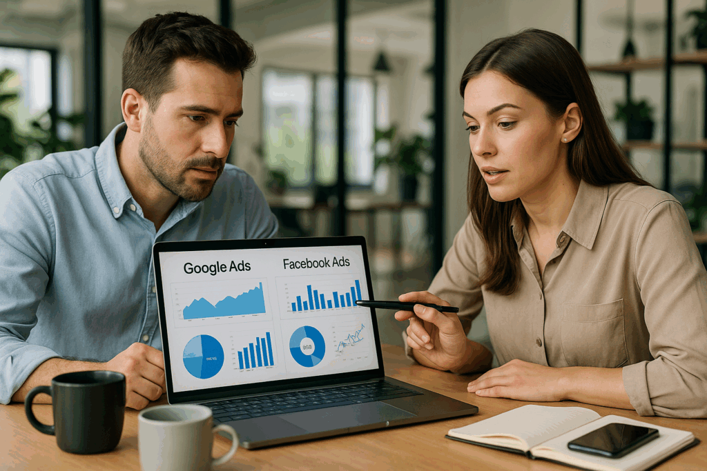 Marketers discussing Google and Facebook ad budgets